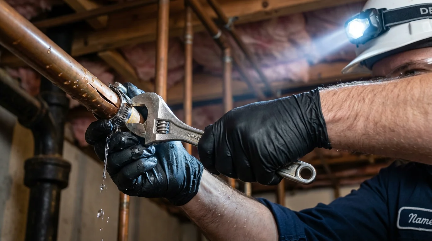 Emergency pipe clamp repair being performed by a Johns Plumbing LLC plumber in Secaucus